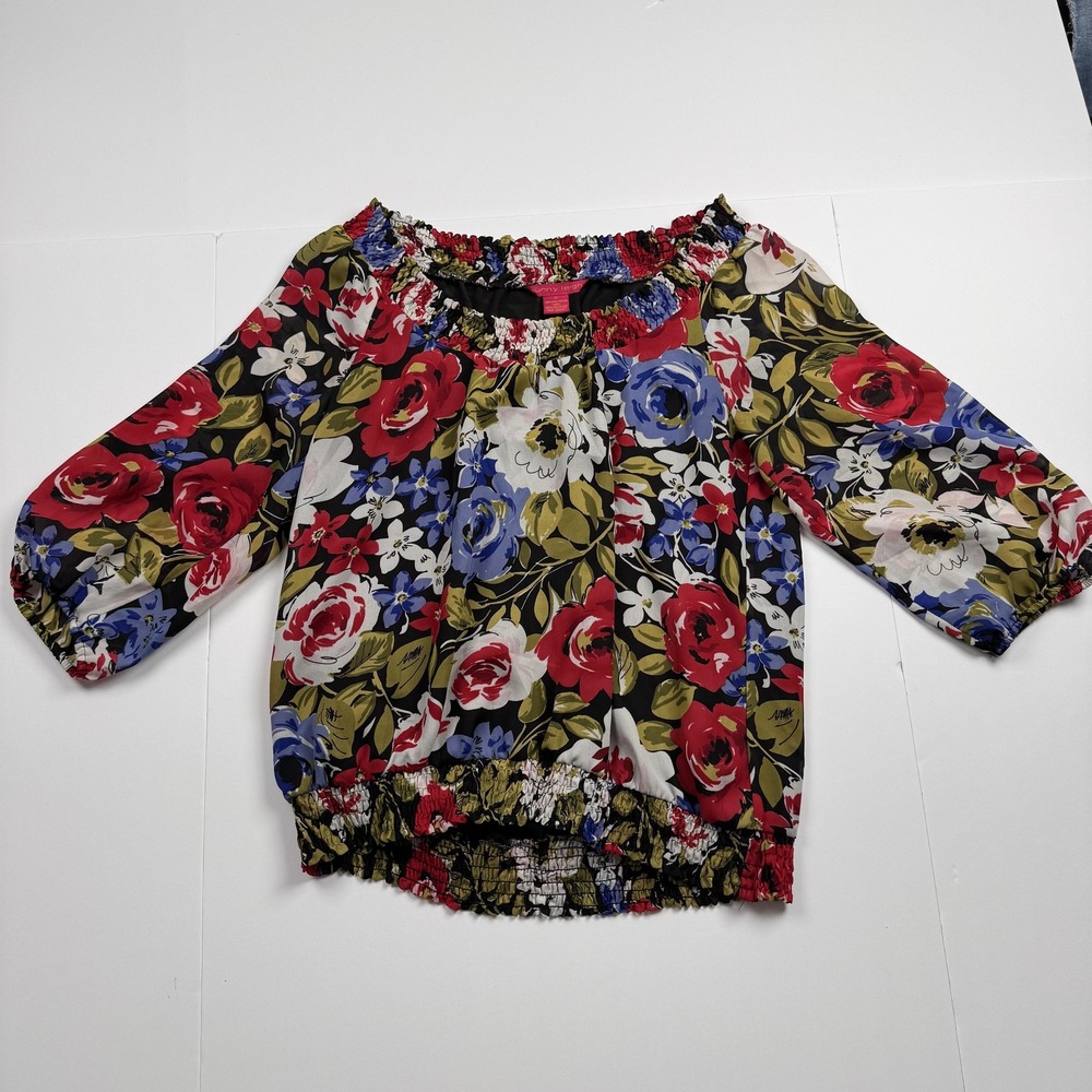 Sunny Leigh Blouse Womens Medium Black Floral Smocked Hem Peasant Boho Top